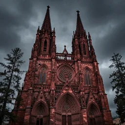 hasselblad photograph of a epic dark gothic cathedral with tall spires made of hard red rock, gothic cathedral, GOTHIC cathedral, bristlecone pine trees, ultrawide cinematic, dark dramatic skies, atmospheric, vultures