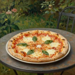 Rembrandt oil painting of a pizza magaritha on a garden table