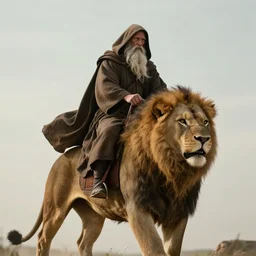 alnaqua a hooded wise old man with a long white beard wearing a brown hooded tunic riding on top of a lion, the man riding is on the lion, the wise man is riding on top, majestic, epic digital art, cinematic, trending on artstation, superb detail 8 k, wide - angle, masterpiece