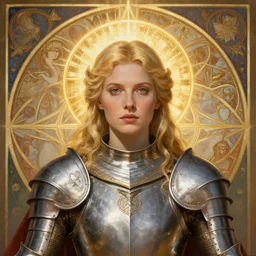 masterpiece head-on symmetrical centered painted portrait, Imogen Poots as a warrior paladin, blonde hair, golden halo, saintly, glorious light, sacred geometry, wearing full metal armour, elegant, distant, in the style of Edgar Maxence and Ross Tran and Zdzisław Beksiński and Michael Whelan and Mucha, 8k, octane render