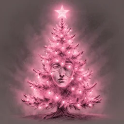 pink christmas tree lights creating a human face, sketch illustration, graphic novel, soft glow, dappled light, portrait art, backlit, indie studio, fantasy, rim lighting, intense, powerful, emotional, powerful, epic composition, noise, texture, rule of thirds, dappled light,
