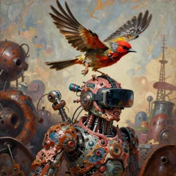 junky bird flying, cybertronic gadgets and vr helmet, flesh + technology, durty colours, long shot, rotten textures, rusty shapes, biotechnology, norman rockwell, tim hildebrandt, dariusz zawadzki, bruce pennington, larry elmore, hyperrealistic oil painting on wood, deep depth field, masterpiece, cinematic composition, hyper - detailed, hd, hdr