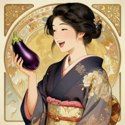hyperdetailed portrait of a woman in a kimono laughing at an eggplant in her hand, digital painting, artstation hq, sharp foccus ilustration, artstation hq. intricate, elegant. wlop, artgerm, greg rutkowski, alphonse mucha, medium shot. dan mumford, tomokazu matsuyama, takato 4 yamamoto