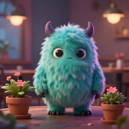little fluffy monster in a cafe with potted flowers. upcoming 3 d animation by an indie studio, rimlighting, depth of field, limited but vibrant palette, intricate details, gothic horror, chiaroscuro, bokeh.