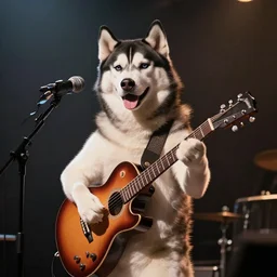 anthropomorphic husky performing in a concert, holding a guitar, dslr photo, indoor, cinematic lightning