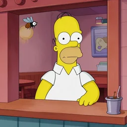 Homer Simpson in Moe's tavern as viewed by a fly on the wall