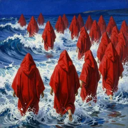 worshippers in red robes and hoods wading through waves, high detailed beksinski painting, part by adrian ghenie and gerhard richter. art by takato yamamoto. masterpiece, deep colours, blue