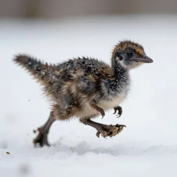 macro photo by national geographic of a tiny muddy dinosaur bird running on snow, fast shutter speed, motion blur, tiny gaussian blur, insanely detailed, insanely intricate, depth of field, low contrast, wide aperture, action photography
