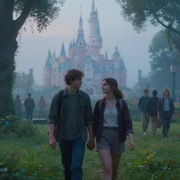 a cinematic extreme close - up of ( ( ( a young couple walking in the park ) ) ), disney, misty evening, fantasy art, highly detailed matte painting, telephoto lens 2 0 0 mm, by stanley artgerm lau, greg rutkowski, thomas kinkade, alphonse mucha, loish, norman rockwell, artstation