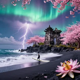 man surfing byodo - in temple on holokalani black beach of maui in royal blue antelope canyon during sakura season on an interstellar aurora borealis with heavy thunder and lightning, pink waterfalls, passion flower, by peter mohrbacher, james jean, james gilleard, greg rutkowski, vincent di fate, rule of thirds, octane render, beautiful landscape