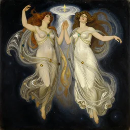 highly detailed painting of gemini goddesses fully clothed in celestial gowns floating in deep space head to toe by tamara de lempicka