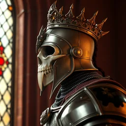detailed side - view portrait of a knight, kaldor helmet, skull - shaped visor, no mandible, no lower jaw bone, royal crown with big spikes, plate armor, gothic stained glass window, shiny red brick background, very masterful, backlit