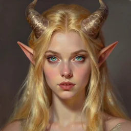 A head-on detailed oil fantasy portrait of a pretty elf woman with small forehead horns, long blonde hair and bright irises, by greg rutkowski, trending on artstation, dungeon and dragons art