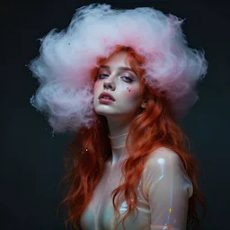 dramatic lighting portrait of a beautiful! ethereal ginger young woman wearing latex with cotton candy hair. paint splashes. moody and melancholy. with a little bit of rainbow colors. digital art by beeple