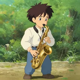 cute boy plays on saxophone beautiful colours japan anime cartoon style high detailed, finely detailed features, full body shot, perfect art, painted by gaston bussiere, makoto shinkai, akihiko yoshida, gaston bussiere, craig mullins, studio ghibli