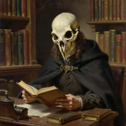 a man with a bird skull face mask wearing a cloak while studying in a magical library, oil painting, highly detailed, realism,
