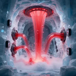liquid nitrogen and with red water-cooling coolant flowing through latent representations of ice caverns by centrifugal forces, gaming pc components sticking out the walls, high detail, high contrast, low-poly elements!!!!!, trending on artstation, octane render, subsurface scattering, 4k