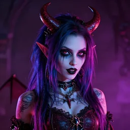 photorealistic goth emo demon. hyperdetailed photorealism, 1 0 8 megapixels, amazing depth, high resolution, 3 d shading, 3 d finalrender, 3 d cinematic lighting, glowing rich colors, psychedelic overtones, artstation concept art.