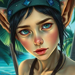 closeup portrait of a goblin girl in the tropical island. highly detailed, digital painting, watercolor, soviet realism, engraving, artstation, concept art, smooth, sharp focus, vivid grunge, manga, illustration, unreal engine 5, 8 k, art by bilibin and kuvshinov and malevich and mucha