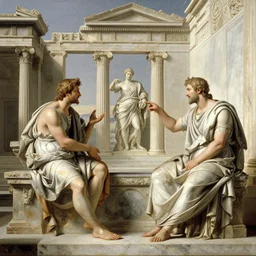 ancient athens, athens in tunica discussing, intricate scenery, very detailed, marble architecture, by claude lorrain