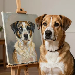 a portrait of a dog that is painting a portrait of another dog, created by Roman Polanski