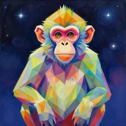 a painting of a polygon art monkey portait seen from the front by inio asano, aya takano color style, 4 k, super detailed, night sky, digital art, digital painting, celestial, majestic, colorful, centred