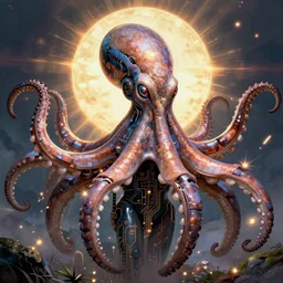 portrait of a a cyborg octopus in a scenic environment by wayne barlowe and masamune shirow, cyberpunk, circuits, sparks