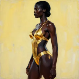 sc - fi movie poster from 6 0's, black thick dejah thoris seen from the side, gold bikini armor, acrylic painting, by adam hughes