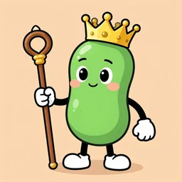cartoon kidney bean holding a staff, wearing crown, cartoon character,