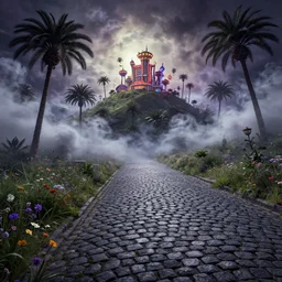 curled perspective digital art of smoke clouds cobblestone street with wildflowers to a casino in top of a hill with curly palmtrees by anton fadeev from nightmare before christmas