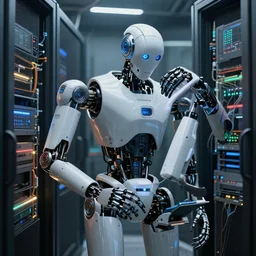 high detailed robot working in sci - fi server room. cinematic octane render from odyssey 2 0 0 1 by stanley kubrick