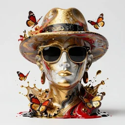 a fancy head fluid marble statue, wearing sunglasses and a hat surrounded by butterflies flowers, multiple splashes of golden and red and black paint, vogue cover style, high detail, stanley kubrick mood, hyperrealism, by tooth wu and wlop and beeple and greg rutkowski