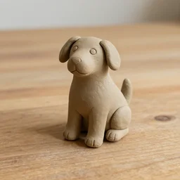 sitting dog made of clay on top of a wooden table