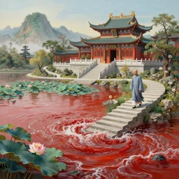a gorgeous landscape painting by barlowe wayne maxfield parrish and marco mazzoni. chinese temple. just one lonely chinese monk in grey blue long gown walks on the winding steps. lotus lake. ultra clear detailed. 3 d, octane render. turbulent blood lake.