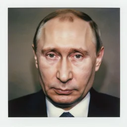 macro head shot of vladimir putin on studio, flat overcast no shadows dark photograph, polaroid vintage