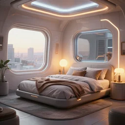 a hyperrealist photography of a futuristic cozy bedroom by james jean