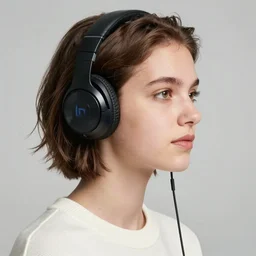 portrait georgian girl looking to the right, wearing beats headphones. short brown hair, white jumper. lit from the right side, orange light. centered median photoshop filter cutout vector behance hd artgerm jesper ejsing!