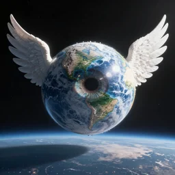 big eyeball with wings watching over the world from the space