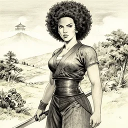 scarlett johansson as afro samurai in beautiful japanese landscape, manga style, greg rutkowski and david finch, pencil and ink