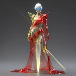 a full body character design by artgerm, greg rutkowski and alphonse mucha. sci - fi dagger. laser white and yellow tape and red translucent plastic tape project show attctive showgirl!! sci - fi helmet electric blue eyes!! sharp edges. contour light effect!! ultra detailed, elegant, intricate, octane render.