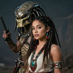 ariana grande as a beautiful native american from 300 years ago with The Predator behind her, photography, moody lighting, artstation, realistic,