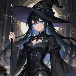 beautiful female wizard, blue eyes, black clothing, daughter of death, cute, japanese style anime, intricate