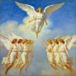 vision of angels - a painting of a single angel flying in the sky, with a group of angels flying in front of it by ettore sottsass and john lavery, style of 6 0 s kitsch and psychedelia