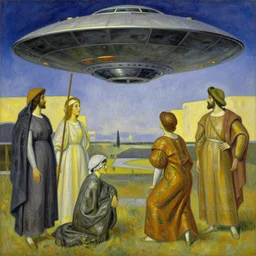 painting of a scene from an ancient historical ufo encounter in the style of charles abel corwin, frank lloyd wright, alphonso mucha, highly detailed, oil painting