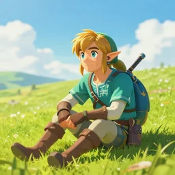 A photo of Link from Zelda sitting in a field on a sunny day with clouds in the sky, he is an old man-S 487989791