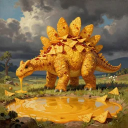a nacho stegosaurus, nachosaurus, a stegosaurus made of nachos, next to a pond of nacho cheese, painting by james gurney