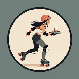 round logo logo, pretty roller derby girl skating, wearing roller derby helmet, 1960s, carrying a tray, muted colours