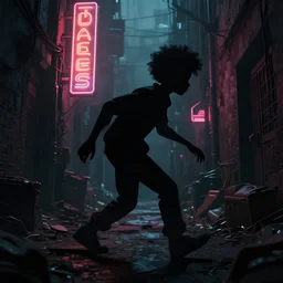 a dynamic long shot portrait of the silhouette of a black boy with an afro sneaking through a post apocalyptic alley with neon signs, by simon stalenhag, dark and ominous, digital illustration, behance, rendered in unreal engine 5, rim lighting, ray tracing, 8 k, hd