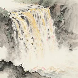 an endless waterfall, golden pink splash, painted with a thin brush, detailed sumi-e illustration