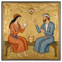 painting of couple of friends doing acid, Ottoman miniature style